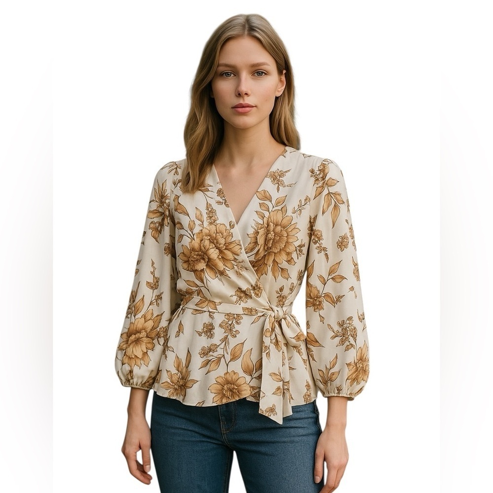 Meraki Cream Bishop Sleeve Wrap Blouse